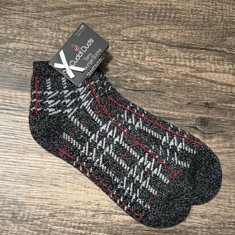 Black and Gray Grippy Socks with red detail